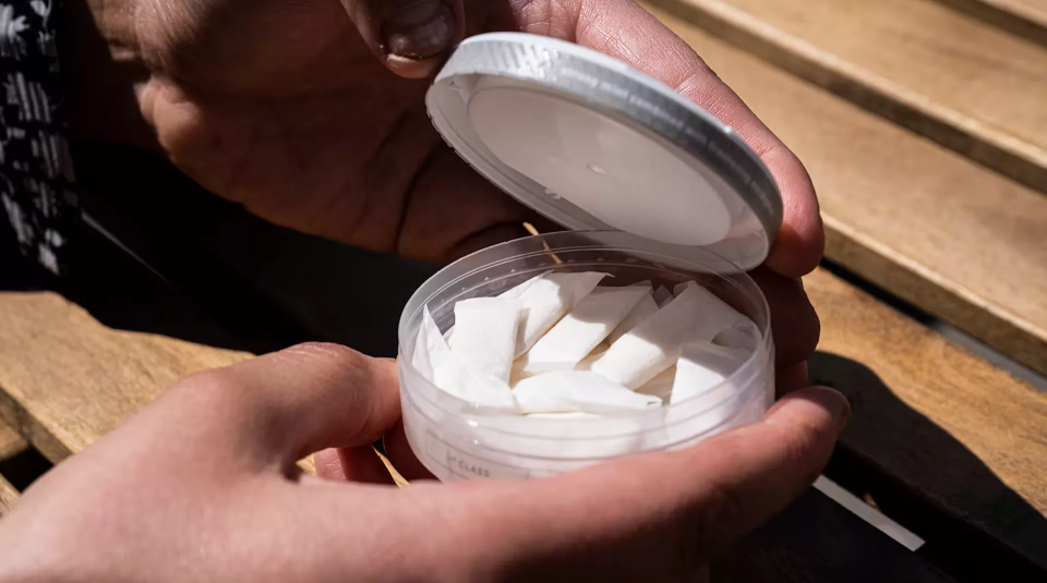 Mano con lata de pouches de nicotina abierta  